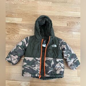 The North Face Reversible Kids Olive Green Camo Puffer Jacket with Orange Zipper